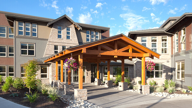 image of the front entrance of Lakeview Lodge Care Community in West Kelowna