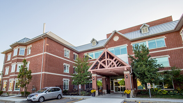 image of front entrance of Woodhall Park Care Community in Brampton
